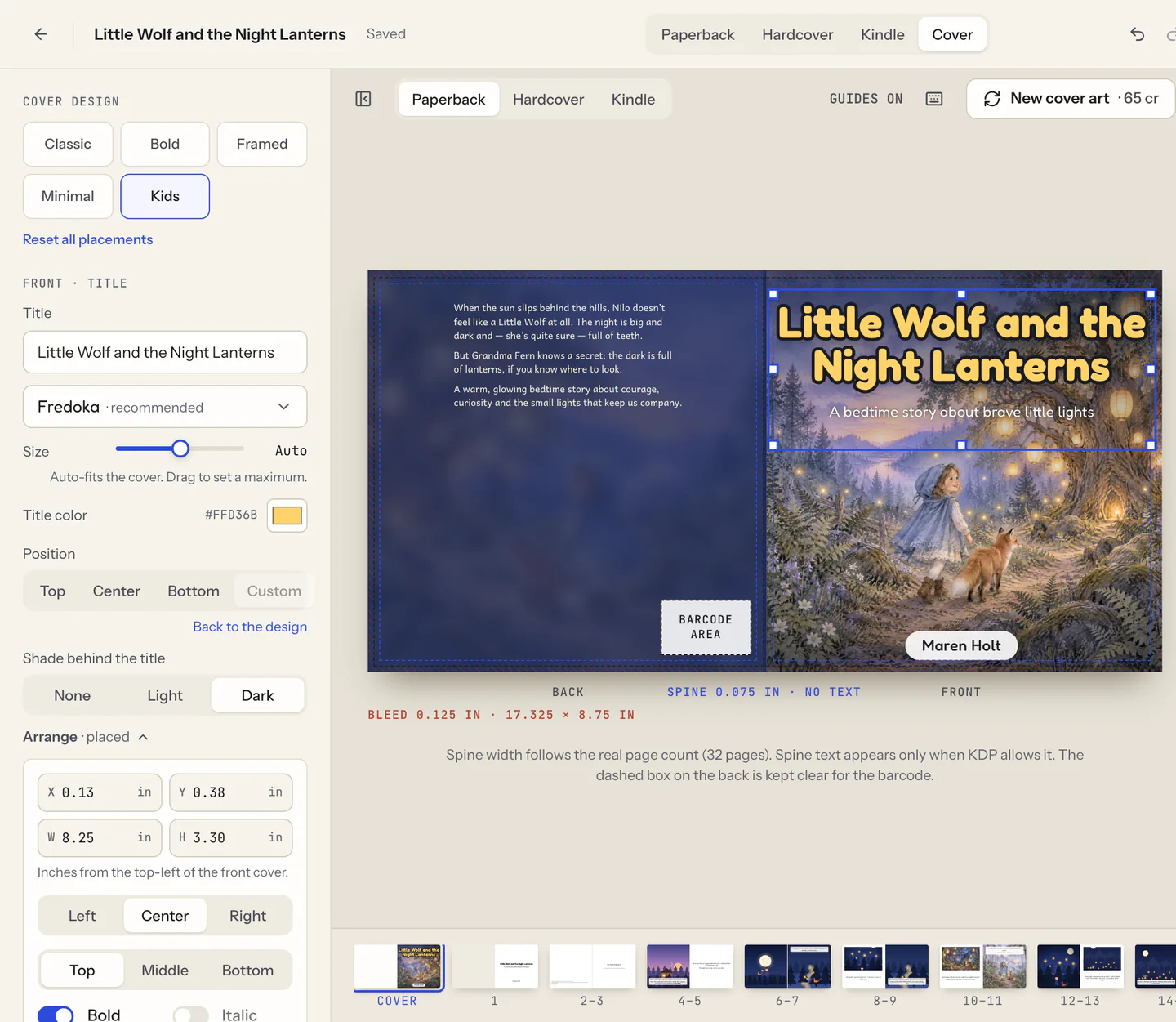 The Cover tab of the editor: the full-wrap cover with the back text, the barcode area, the spine and the front art, the front title selected with handles, and the Arrange fields showing its X and Y position in inches.
