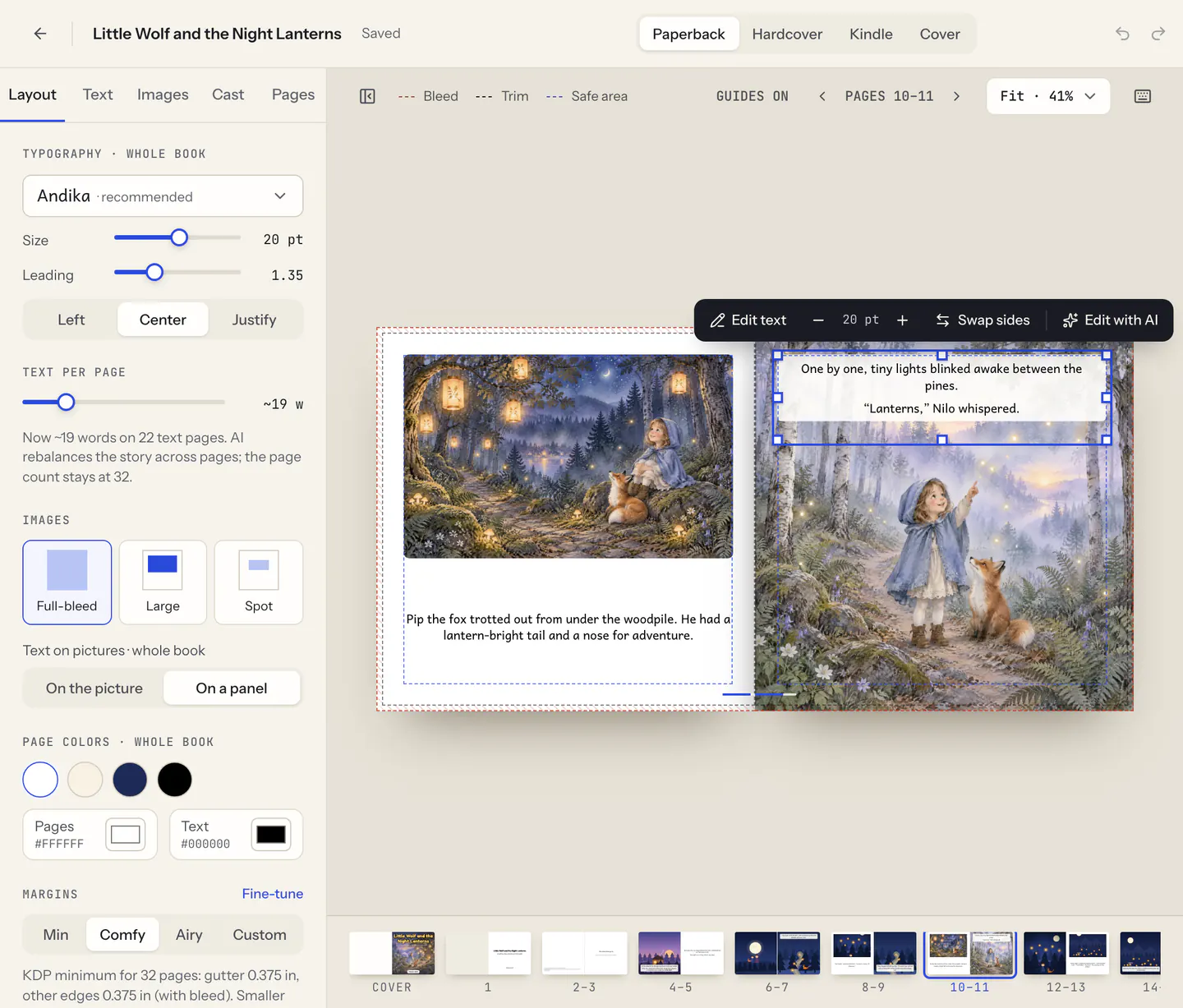The kdpbook.io editor on pages 10 and 11 of a picture book: the Layout panel on the left, the spread with bleed, trim and safe-area guides, a selected text box with resize handles and a toolbar (Edit text, text size, Swap sides, Edit with AI), and the page thumbnails below.