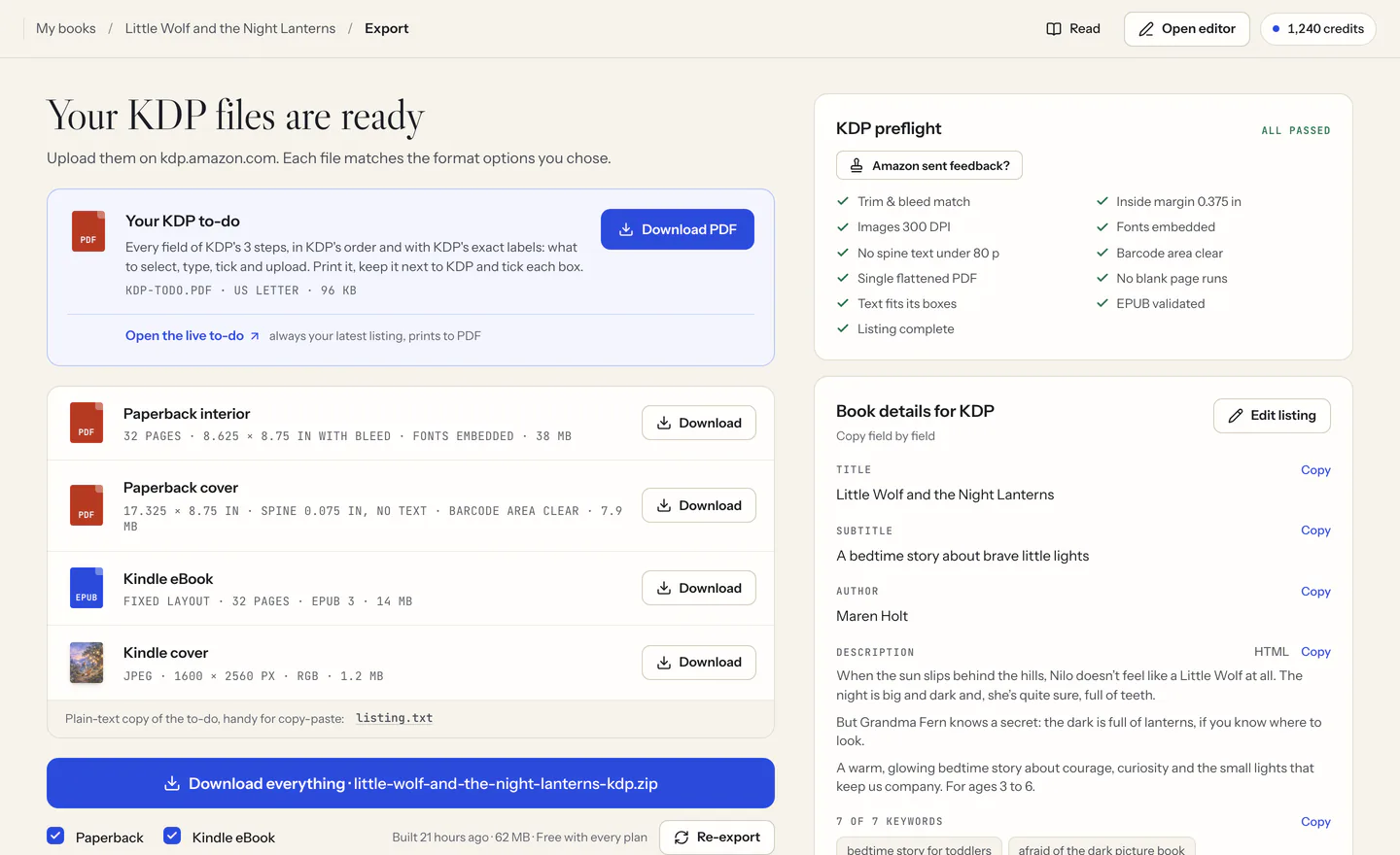 The export page with the KDP files ready: the KDP to-do PDF, the paperback interior and cover PDFs, the Kindle EPUB and Kindle cover, each with a Download button, the KDP preflight with every check passed, and the book details for the KDP listing.