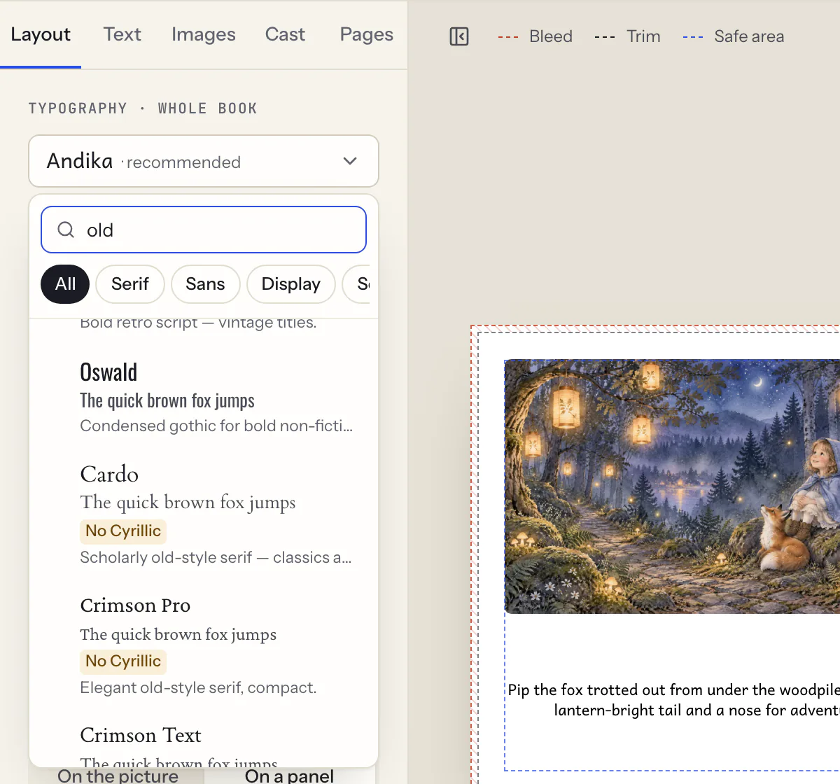 The font picker open on a book in Ukrainian, searched for “old”: each font is shown in its own face, and Cardo and Crimson Pro carry a “No Cyrillic” badge.
