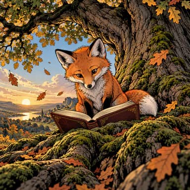 American comic illustration sample: a young red fox reading an open book on the mossy roots of an old oak, in bold comic inks and flat colors, with autumn leaves and a sunset over a lake