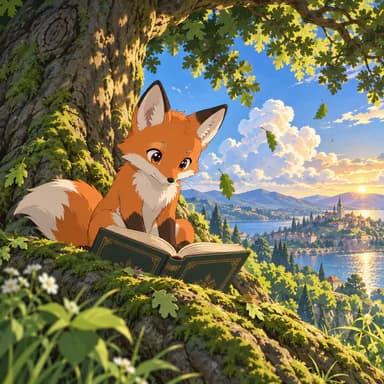 Anime illustration sample: a young red fox reading an open book on the mossy roots of an old oak, with crisp anime line art and two-tone cel shading under a bright blue sky with cumulus clouds and a lake town