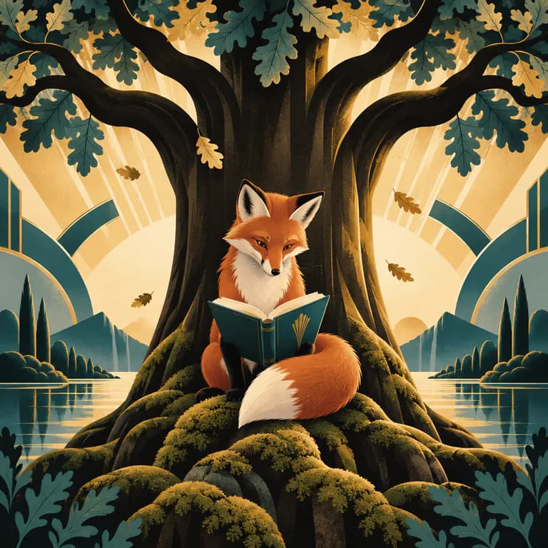 Art deco poster illustration sample: a young red fox reading an open book on the mossy roots of an old oak, under symmetrical stepped arcs and golden sunburst rays, with a teal lake on either side