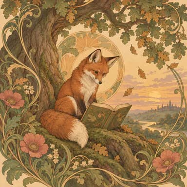 Art nouveau illustration sample: a young red fox reading an open book on the mossy roots of an old oak, set against a golden halo and flowing vines with pink flowers