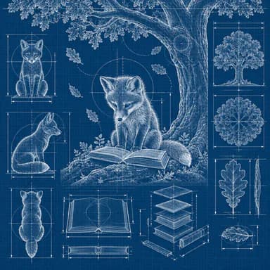 Blueprint illustration sample: a young fox reading an open book under an old oak, drawn in white lines on blueprint blue, with front, side and back views of the fox, the book and an oak leaf with dimension lines