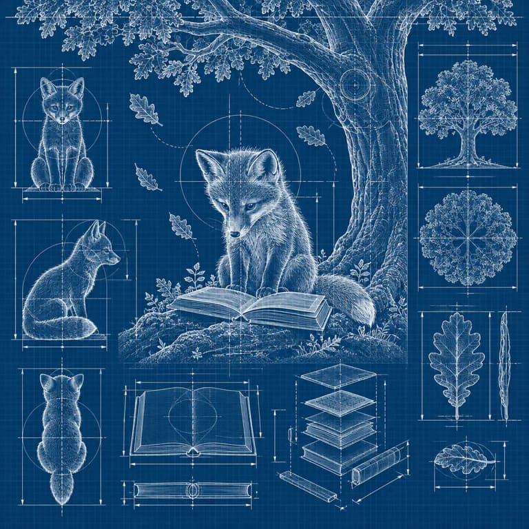 Blueprint illustration sample: a young fox reading an open book under an old oak, drawn in white lines on blueprint blue, with front, side and back views of the fox, the book and an oak leaf with dimension lines