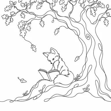 One-line drawing illustration sample: a young fox reading an open book at the foot of a tall, looping oak, drawn as a single unbroken black line with lots of white space