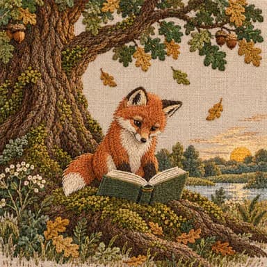 Embroidery illustration sample: a young red fox reading an open book on the mossy roots of an old oak, stitched in satin stitch and French knots on natural linen, with a stitched sunset over a lake