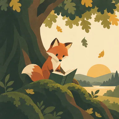 Flat vector illustration sample: a young red fox reading an open book on the mossy roots of an old oak, in flat geometric shapes with no outlines, a limited muted palette, a sun and layered hills