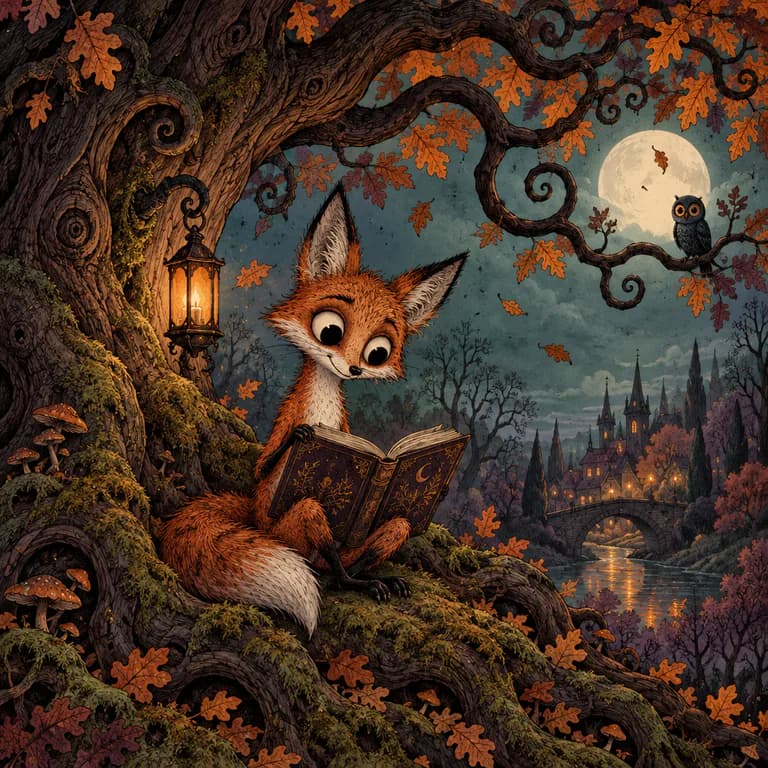 Spooky whimsical illustration sample: a big-eyed fox reading an open book on the mossy roots of a twisting oak with spiral branches, with a lantern, an owl and a full moon over a gothic town