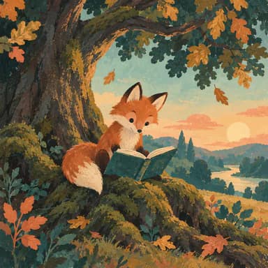 Gouache picture book illustration sample: a young red fox reading an open book on the mossy roots of an old oak, in flat matte gouache shapes under a teal sky, with a setting sun over a winding river