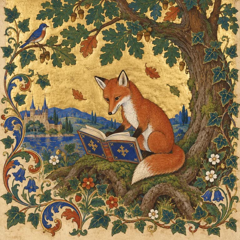 Illuminated manuscript illustration sample: a young red fox reading an open book on the mossy roots of an old oak, on burnished gold leaf with curling blue and red acanthus vines, ivy and a castle by a lake