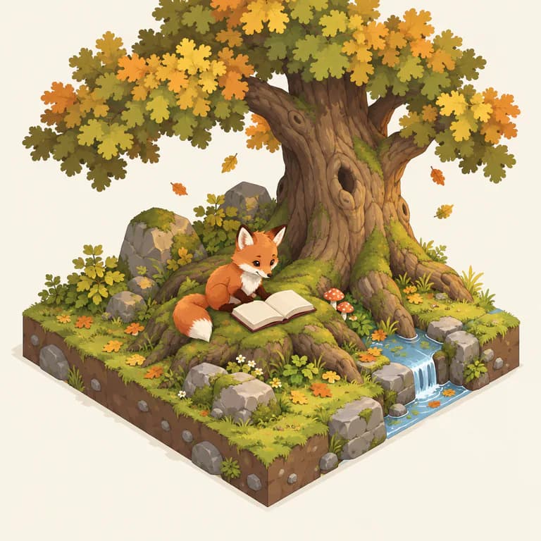 Isometric world illustration sample: a young red fox reading an open book on the mossy roots of an old oak, on a small square isometric island of ground with rocks and a little waterfall
