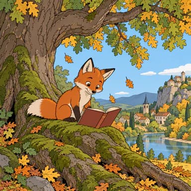 Ligne claire (BD) illustration sample: a young red fox reading an open book on the mossy roots of an old oak, in uniform clean outlines and flat bright colors, with a hillside village, a castle and a lake behind