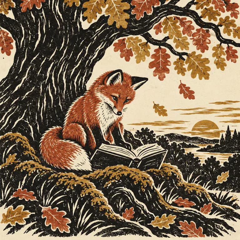 Linocut print illustration sample: a young red fox reading an open book on the mossy roots of an old oak, carved as a linocut in black, brick red and ochre on cream paper