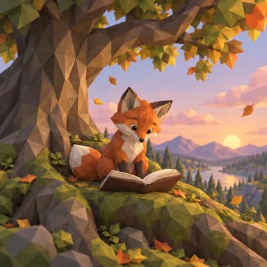 Low-poly 3D illustration sample: a young red fox reading an open book on the mossy roots of an old oak, built from flat-shaded triangular facets under a pastel sunset sky