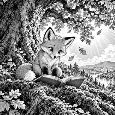 Manga (screentone) illustration sample: a young fox reading an open book on the mossy roots of an old oak, in black-and-white manga inking with screentone shading and bright light rays through the trees