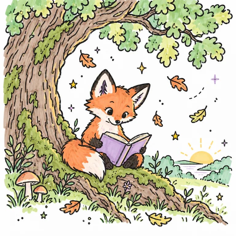 Marker doodle illustration sample: a young red fox reading an open book on the mossy roots of an old oak, as felt-tip doodles with pastel fills, little stars, leaves and a rising sun