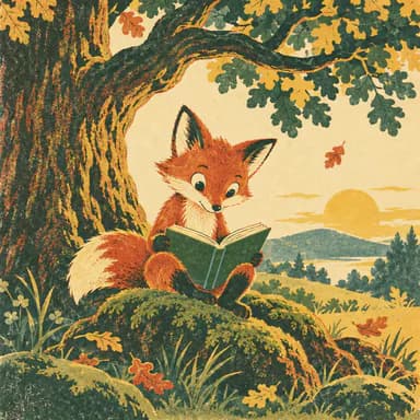 Mid-century storybook illustration sample: a young red fox reading an open book on the mossy roots of an old oak, in a 1950s-style print with three flat spot colors, a big sun and slight misregistration
