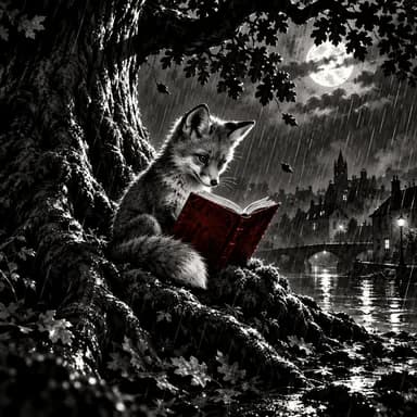 Noir ink, one spot color illustration sample: a young fox reading on the roots of an old oak on a rainy moonlit night, all in black and white ink except the crimson book