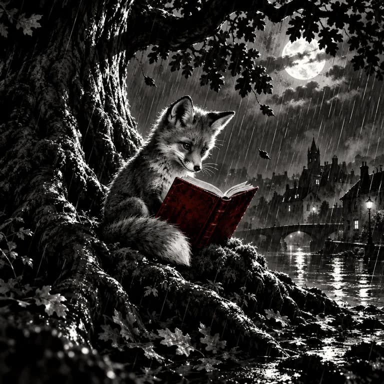 Noir ink, one spot color illustration sample: a young fox reading on the roots of an old oak on a rainy moonlit night, all in black and white ink except the crimson book