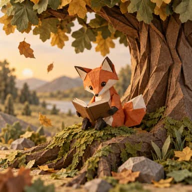 Origami & papercraft illustration sample: a folded-paper red fox reading a little paper book on the roots of a paper oak, photographed in soft light with a lake behind
