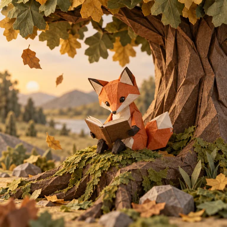 Origami & papercraft illustration sample: a folded-paper red fox reading a little paper book on the roots of a paper oak, photographed in soft light with a lake behind