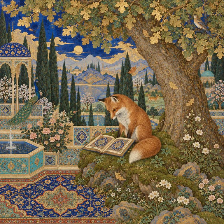 Persian miniature illustration sample: a young red fox reading an open book on the mossy roots of an old oak, in a Persian garden with cypresses, a tiled fountain, a peacock and a patterned carpet