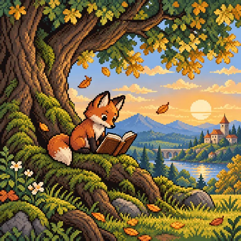 Pixel art illustration sample: a young red fox reading an open book on the mossy roots of an old oak, in 16-bit pixel art with a castle and mountains on the horizon