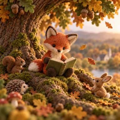 Plush toy diorama illustration sample: a plush fox holding a green book on a mossy root, with a plush squirrel, hedgehog and rabbit in a blurred miniature set