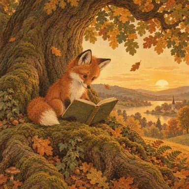 1970s storybook illustration sample: a young red fox reading an open book on the mossy roots of an old oak, in earthy mustard, olive and burnt orange with soft grain, over a valley with a church at sunset