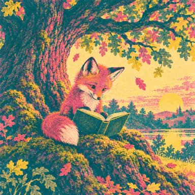 Risograph print illustration sample: a pink fox reading a green book under a teal and pink oak, in grainy risograph overprints with a yellow sun