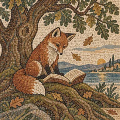 Mosaic illustration sample: a young red fox reading an open book on the mossy roots of an old oak, laid in small stone tiles in terracotta, ochre and sea blue with visible grout