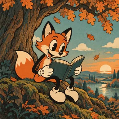 1930s rubber-hose cartoon illustration sample: a grinning rubber-hose fox with pie-cut eyes and white gloves reading an open book on the roots of an old oak, in orange, teal and cream