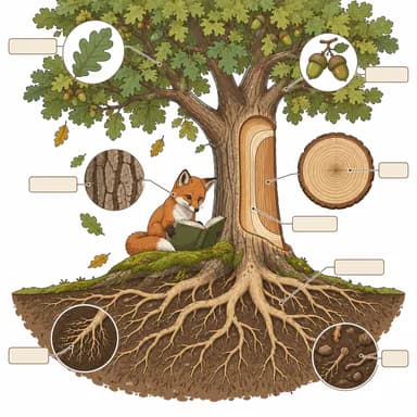 Scientific diagram illustration sample: a textbook diagram of an old oak with a trunk cutaway showing its rings, roots underground, round close-ups and empty label boxes, and a young red fox reading a green book at its base