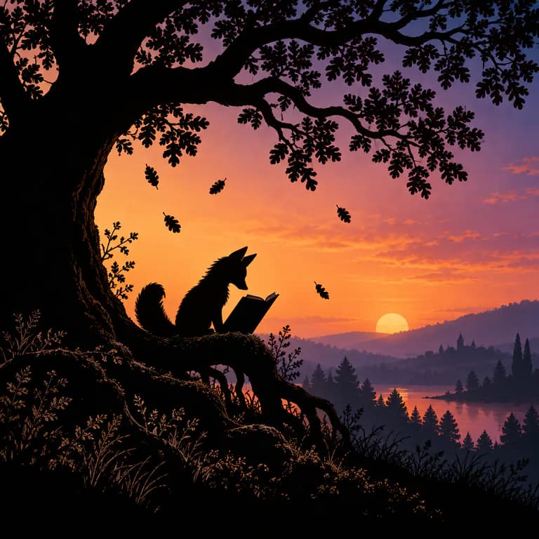 Silhouette shadow theater illustration sample: a young fox and its open book as black cut-paper silhouettes on the roots of an old oak, against an apricot and violet sunset over a lake