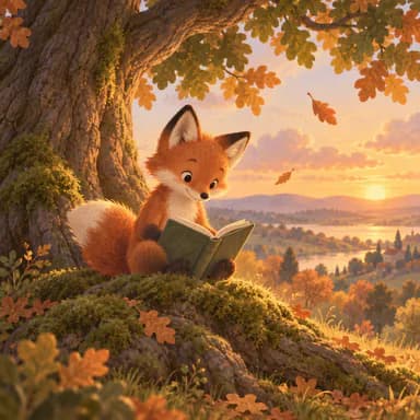 Soft digital painting illustration sample: a young red fox reading an open book on the mossy roots of an old oak, painted digitally with grainy brushes, warm rim light and a sunset over a lake