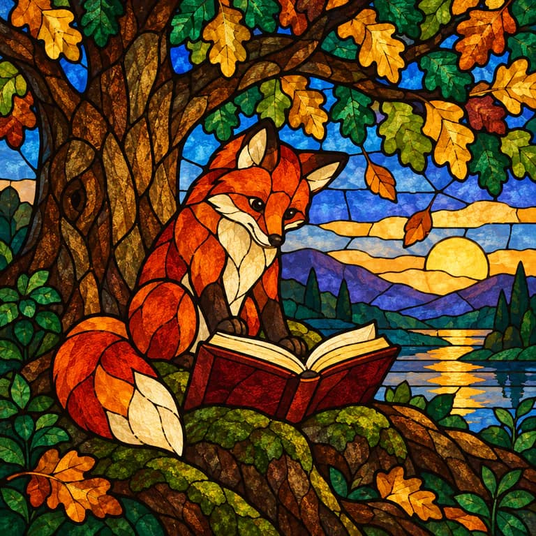 Stained glass illustration sample: a young red fox reading an open book on the mossy roots of an old oak, as ruby, amber and emerald glass panes held by thick black lead lines, with a glowing sunset behind