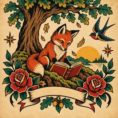 Tattoo flash illustration sample: a young red fox reading an open book on the mossy roots of an old oak, as a tattoo flash design with red roses, a swallow, stars and an empty ribbon banner on parchment