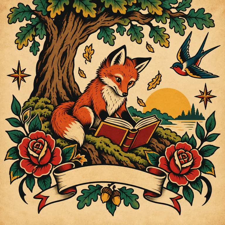 Tattoo flash illustration sample: a young red fox reading an open book on the mossy roots of an old oak, as a tattoo flash design with red roses, a swallow, stars and an empty ribbon banner on parchment