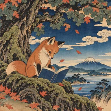 Japanese woodblock (ukiyo-e) illustration sample: a young red fox reading an open book on the mossy roots of an old oak, as a Japanese woodblock print with curling clouds, an indigo sky and a snowy mountain across the bay