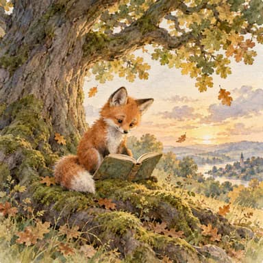 Watercolor storybook illustration sample: a young red fox reading an open book on the mossy roots of an old oak, in soft transparent washes with visible paper grain and a pale evening sky