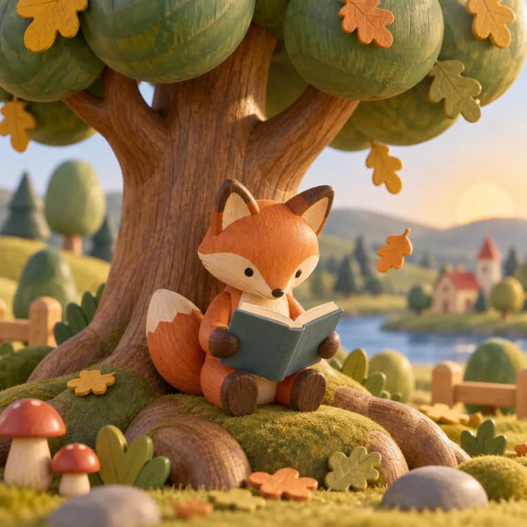 Wooden toys illustration sample: a carved wooden fox with a painted face reading a little book on the roots of a round wooden toy oak, with toy trees and a village behind