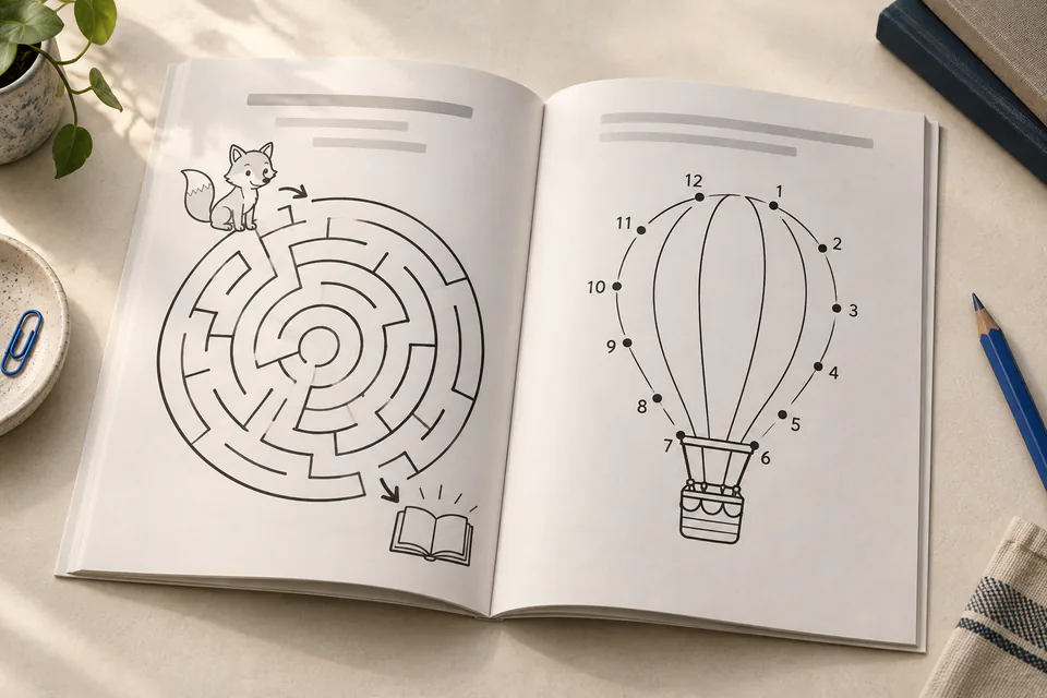 An open kids' activity book on a desk, showing a sample interior spread