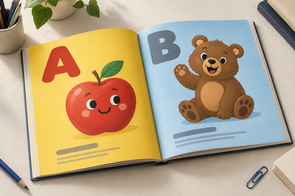 An open ABC book on a desk, showing a sample interior spread
