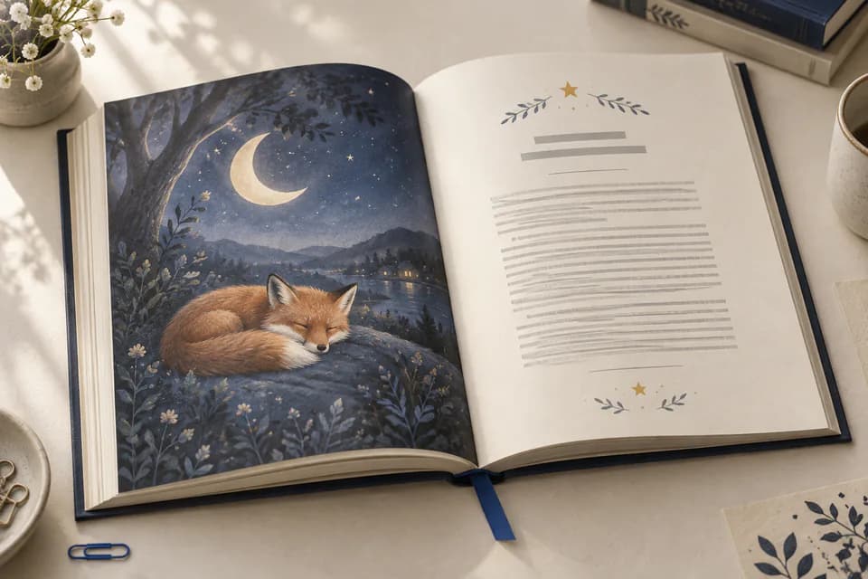 An open bedtime story collection on a desk, showing a sample interior spread