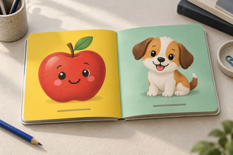 An open baby & toddler book on a desk, showing a sample interior spread