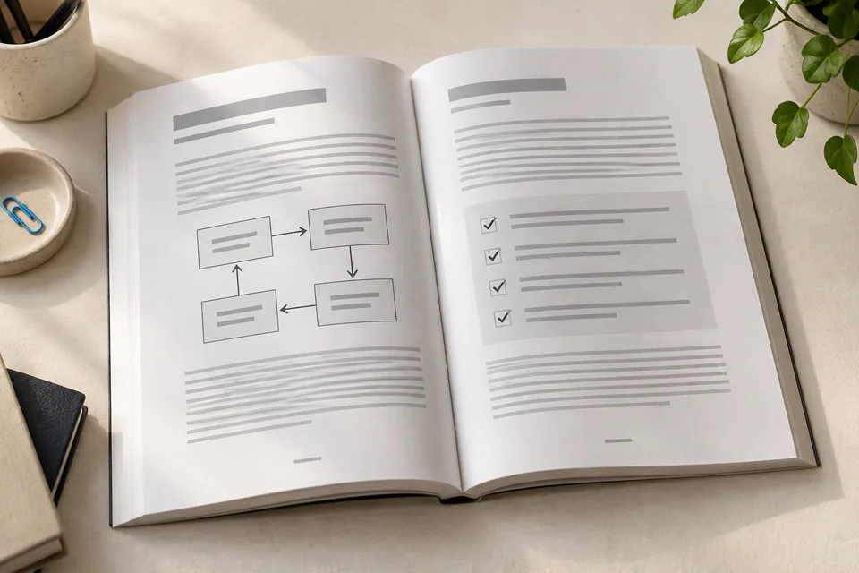 Printed business book made with kdpbook.io, lying open on a desk