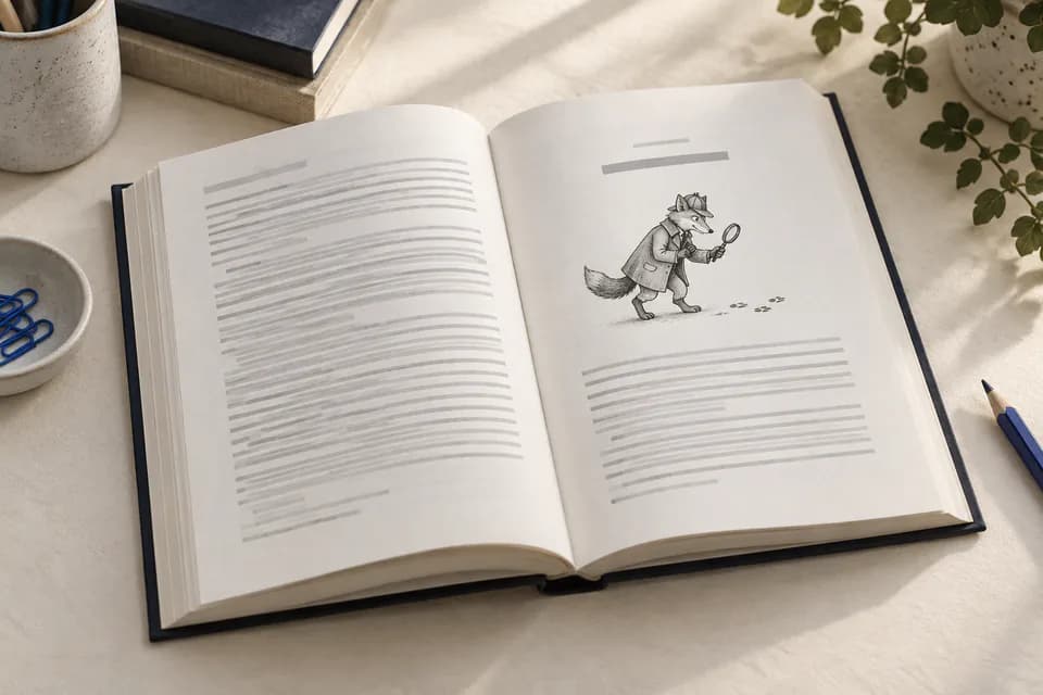An open early chapter book on a desk, showing a sample interior spread