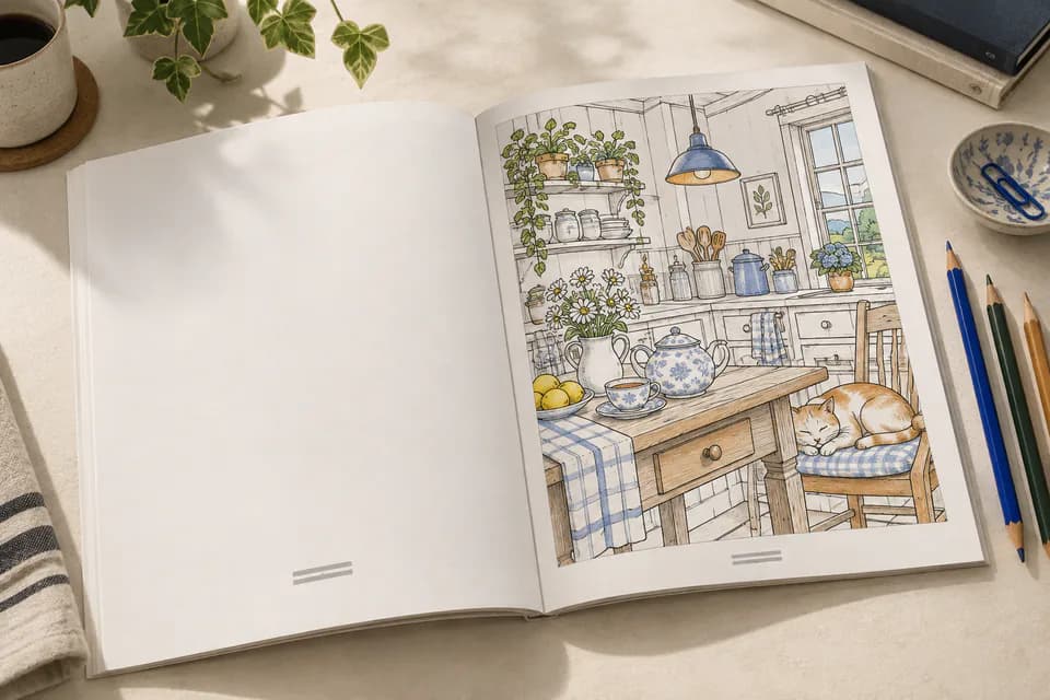 An open adult coloring book on a desk, showing a sample interior spread
